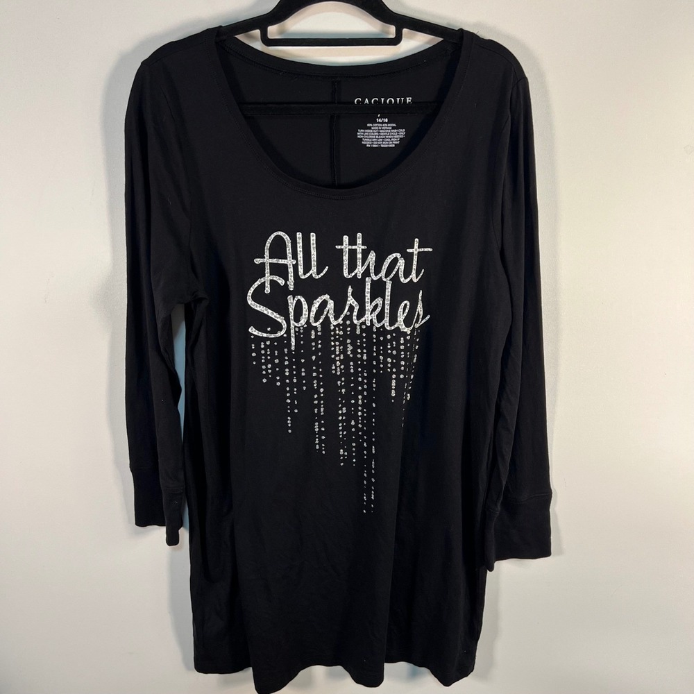 Cacique Sleepwear Black All That Sparkles Glitter‎ Sleep Shirt Nightgown 14/16